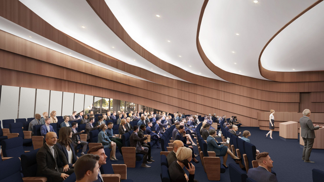 A rendering showing the interior of the Miami City Commission chambers located in the new city administration building.